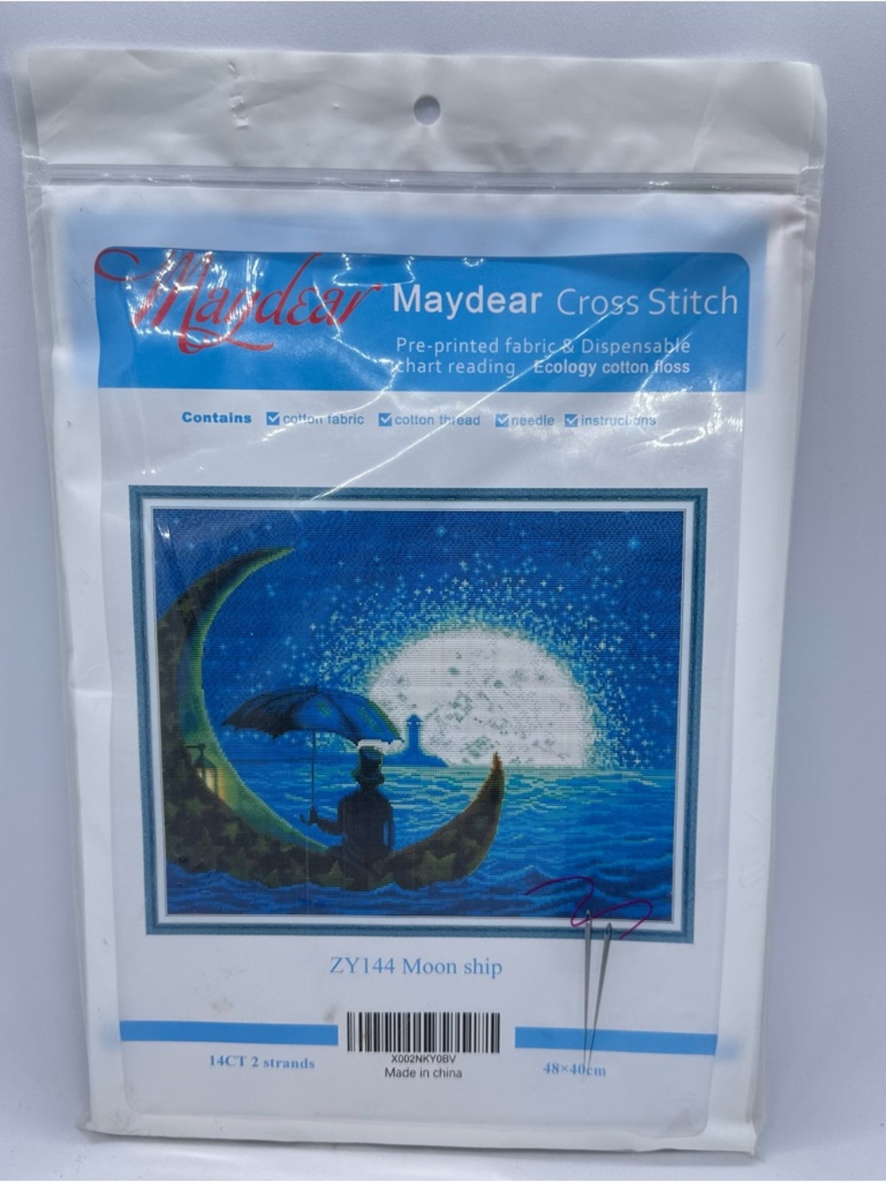 Maydear Cross Stitch ZY144 MOON SHIP Complete Kit 18" x15" NIP Preprinted Fabric